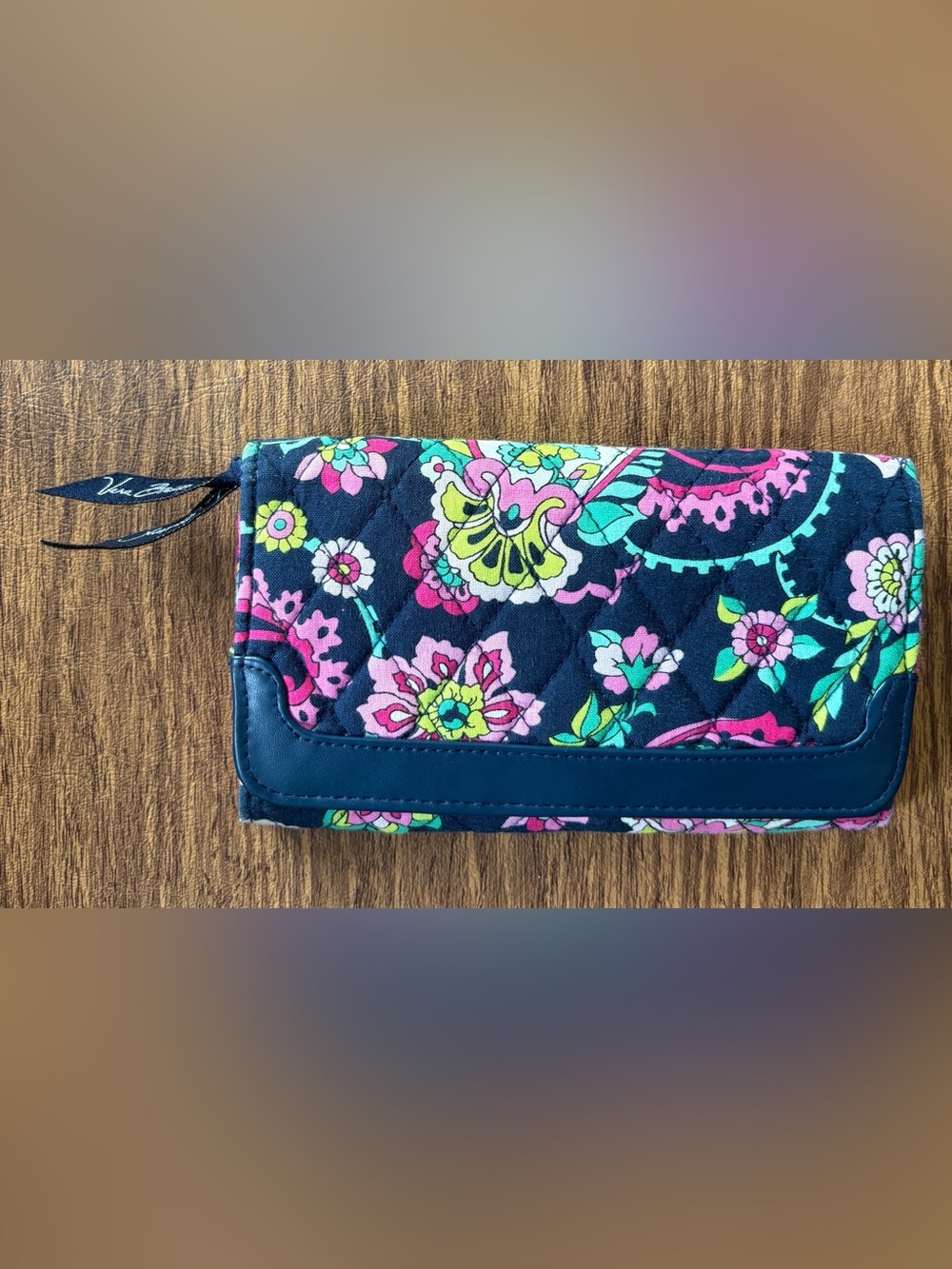 Vera Bradley Quilted Trifold Floral Wallet in Navy and Pink Petal Paisley